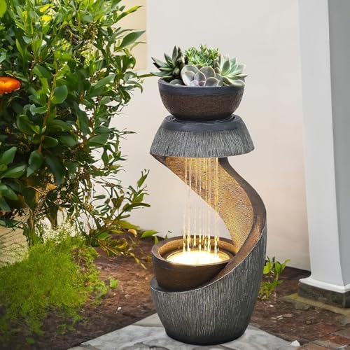 S-Shaped Modern Water Fountain with LED Lights and Planter Bowl