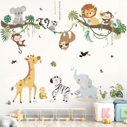 Decalmile Jungle Animals Tree Branch Wall Decals Safari Monkey Giraffe Lion Wall Stickers