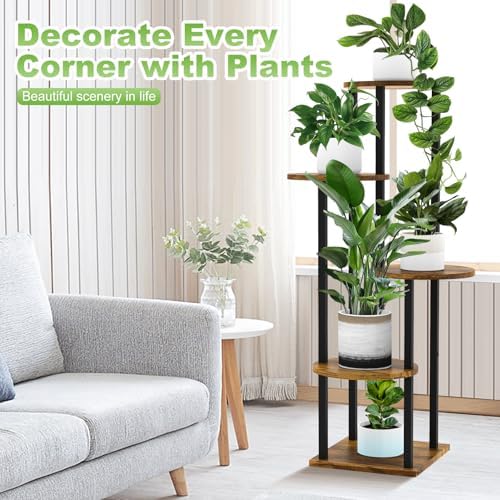 5 Tier Wood Tall Plant Stand Metal Rack Black