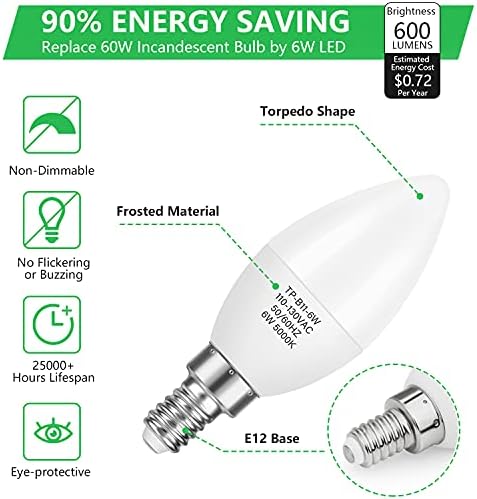 MAXvolador 12-Pack E12 Candelabra LED Bulbs 60W Equivalent