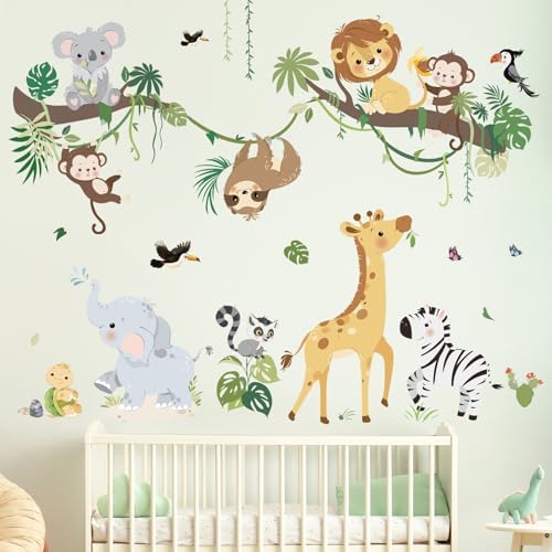 Decalmile Jungle Animals Tree Branch Wall Decals Safari Monkey Giraffe Lion Wall Stickers