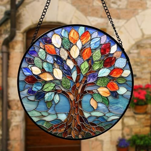 Stained Glass Window Hanging Blue Tree of Life Suncatcher Decor
