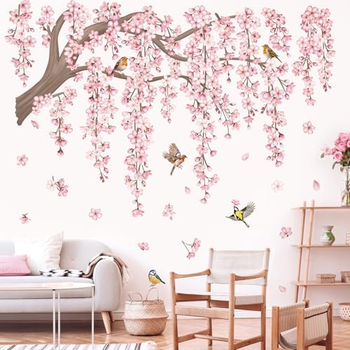 Decalmile Large Pink Flower Tree Branch Wall Decals