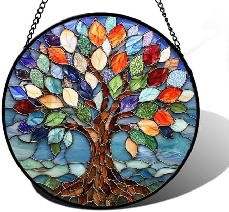 Stained Glass Window Hanging Blue Tree of Life Suncatcher Decor