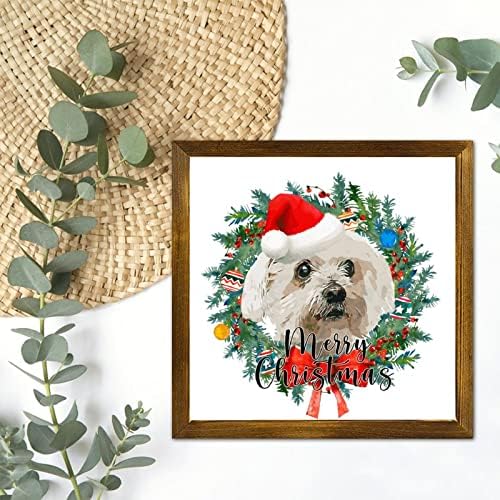 Merry Christmas Dog with Hat Wreath Framed Wooden Sign