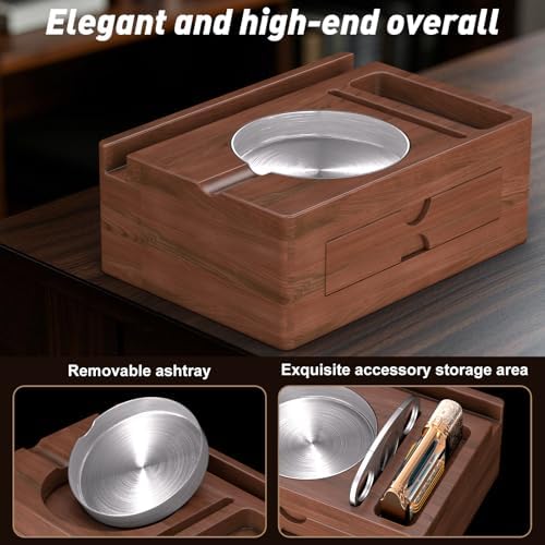 Elegant Wooden Cigar Ashtray with Lighter Slot and Accessories Drawer