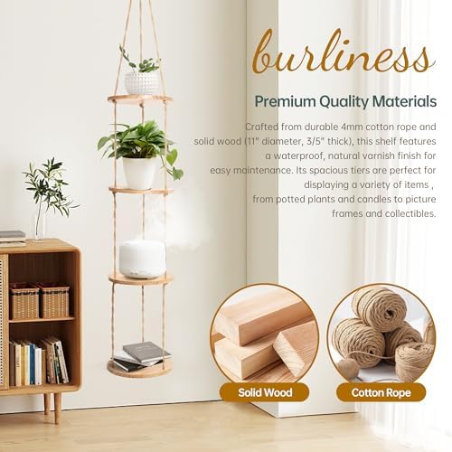 4-Tier Hemp Rope Hanging Plant Shelf for Narrow Spaces