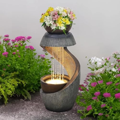 S-Shaped Modern Water Fountain with LED Lights and Planter Bowl