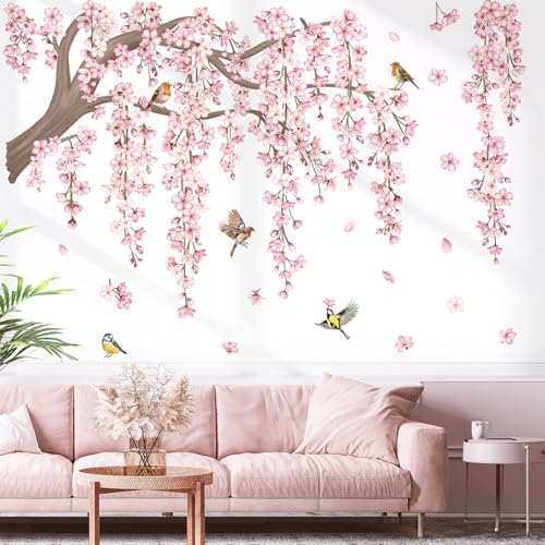 Decalmile Large Pink Flower Tree Branch Wall Decals