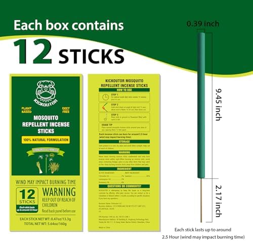 KICKOUTOR Natural Citronella Mosquito Repellent Sticks 12 PCS