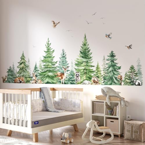 Decalmile Large Watercolor Pine Tree Animals Wall Stickers