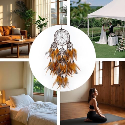 Handmade Brown Dream Catcher Wall Decor with Feathers and Beads