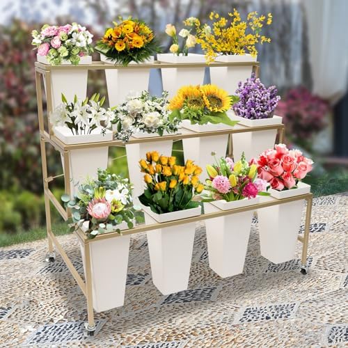 3-Layer Flower Display Stand with 12Pcs Buckets and Wheels