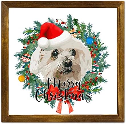 Merry Christmas Dog with Hat Wreath Framed Wooden Sign