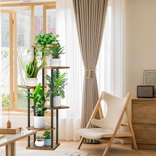 6 Tier Wood Tall Plant Stand Metal Rack Indoor Black