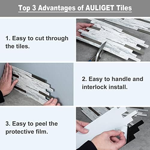 AULIGET 20 Sheet Faux Stone Wall Sticker White Marble Kitchen Backsplash