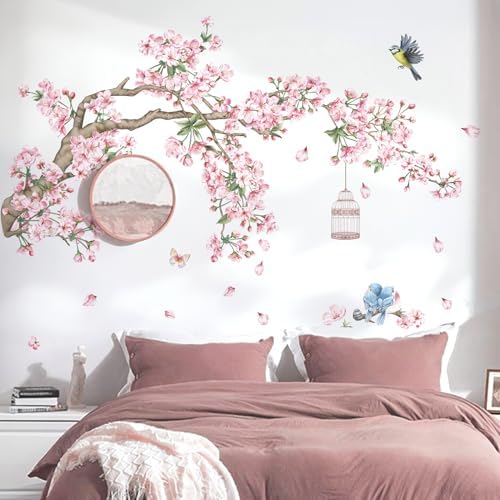 Decalmile Cherry Blossom Tree Branch Wall Decals Pink Flower Birds Stickers