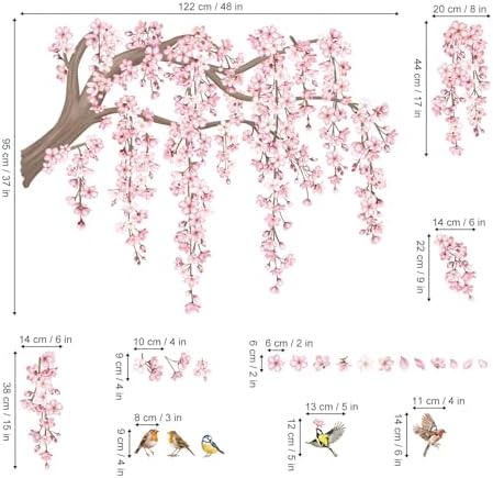 Decalmile Large Pink Flower Tree Branch Wall Decals