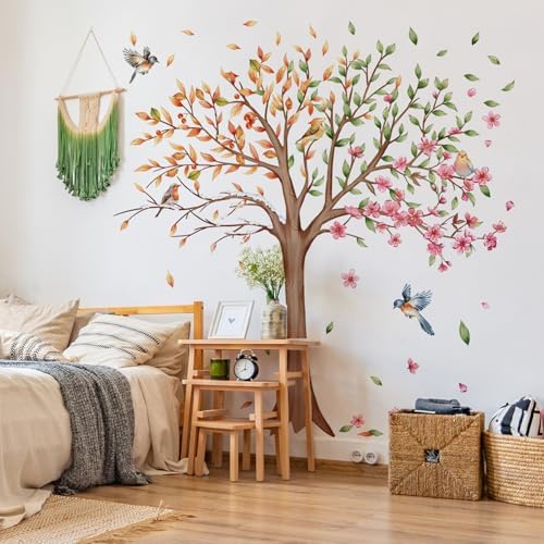 3 Sheets Large Tree Wall Decals with Flowers and Birds