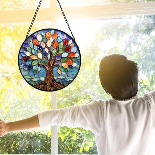 Stained Glass Window Hanging Blue Tree of Life Suncatcher Decor
