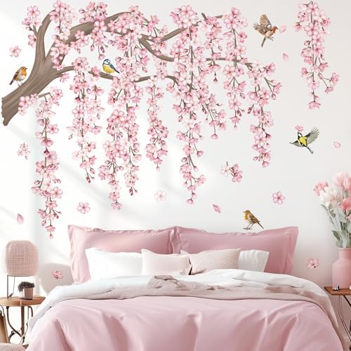 Decalmile Large Pink Flower Tree Branch Wall Decals