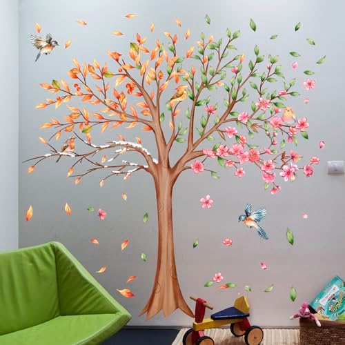 3 Sheets Large Tree Wall Decals with Flowers and Birds