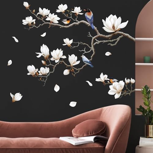 SHUCHING White Magnolia Tree Wall Decals Peel and Stick
