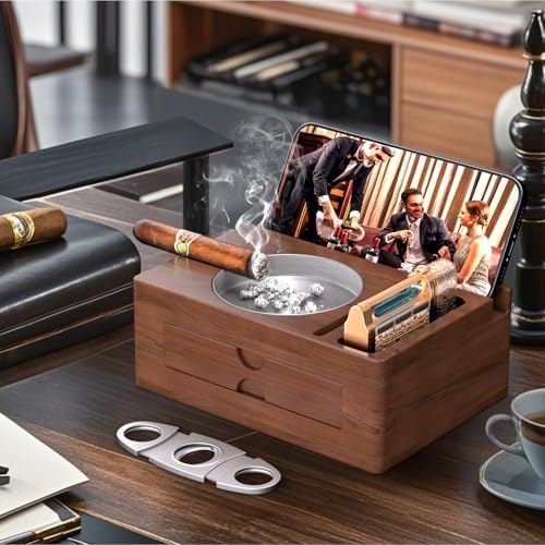 Elegant Wooden Cigar Ashtray with Lighter Slot and Accessories Drawer