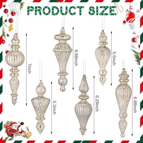 6 Pcs Crystal Glass Christmas Finials Silver Hanging Decorations