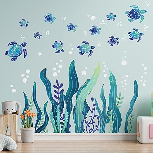 3D Sea Turtle Wall Decals with Bubbles and Seaweed Stickers