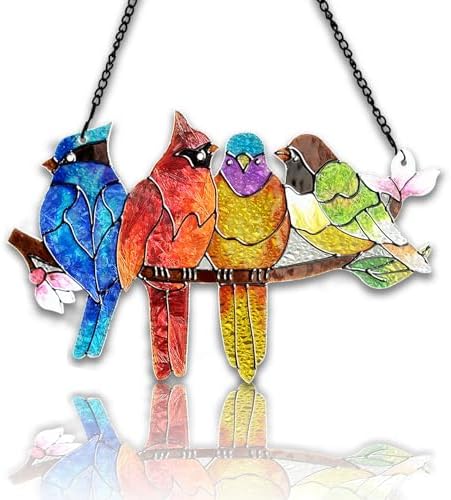 Stained Glass Birds on Branch Suncatcher for Home Decoration