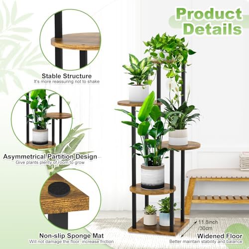 5 Tier Wood Tall Plant Stand Metal Rack Black