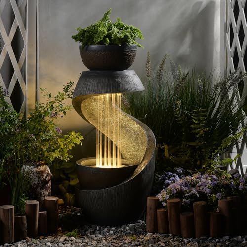 S-Shaped Modern Water Fountain with LED Lights and Planter Bowl