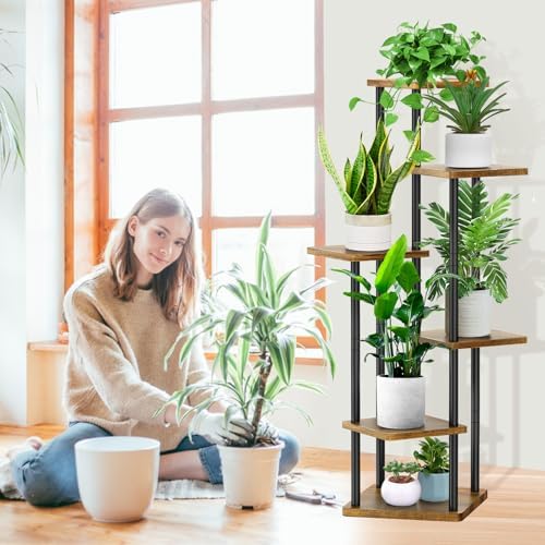 6 Tier Wood Tall Plant Stand Metal Rack Indoor Black