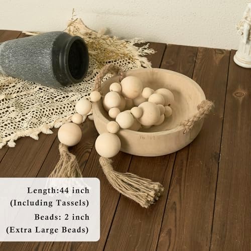 2 Inch Extra Large Wooden Bead Garland with Tassels 44 Inches Long