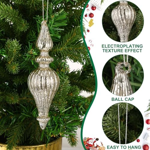 6 Pcs Crystal Glass Christmas Finials Silver Hanging Decorations