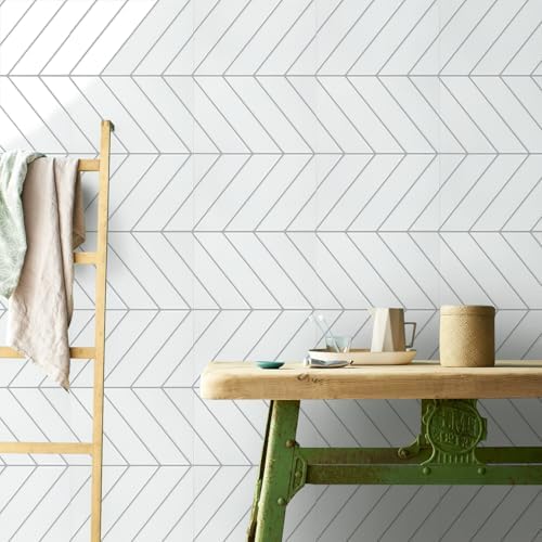 STICKGOO 10 Sheets Thicker Herringbone Wall Tiles White with Grey Grout