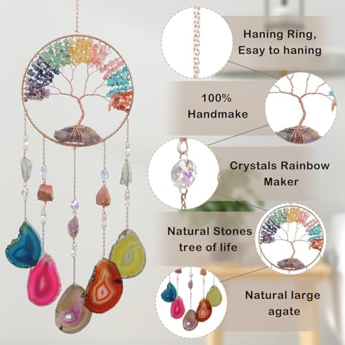 Dreamsum Large Agate Dream Catcher with 7 Chakra Tree of Life Design