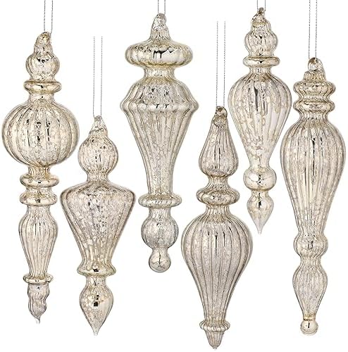 6 Pcs Crystal Glass Christmas Finials Silver Hanging Decorations