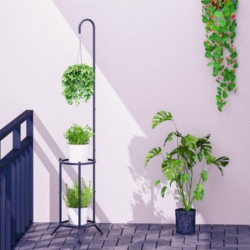 2-Tier Hanging Plant Stand Black Heavy Duty