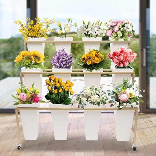 3-Layer Flower Display Stand with 12Pcs Buckets and Wheels