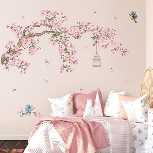 Decalmile Cherry Blossom Tree Branch Wall Decals Pink Flower Birds Stickers