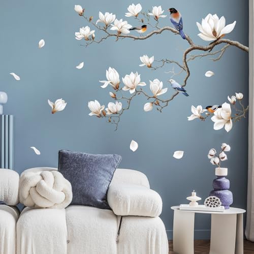 SHUCHING White Magnolia Tree Wall Decals Peel and Stick