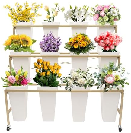 3-Layer Flower Display Stand with 12Pcs Buckets and Wheels