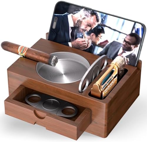 Elegant Wooden Cigar Ashtray with Lighter Slot and Accessories Drawer