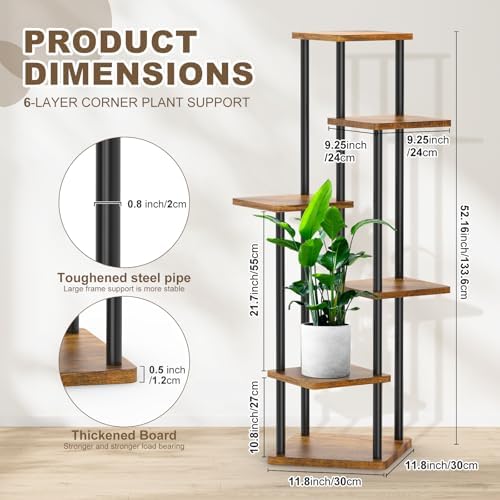 6 Tier Wood Tall Plant Stand Metal Rack Indoor Black