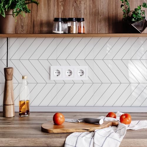 STICKGOO 10 Sheets Thicker Herringbone Wall Tiles White with Grey Grout