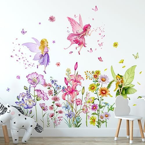 Supzone Flower Fairy Wall Sticker for Girls Room