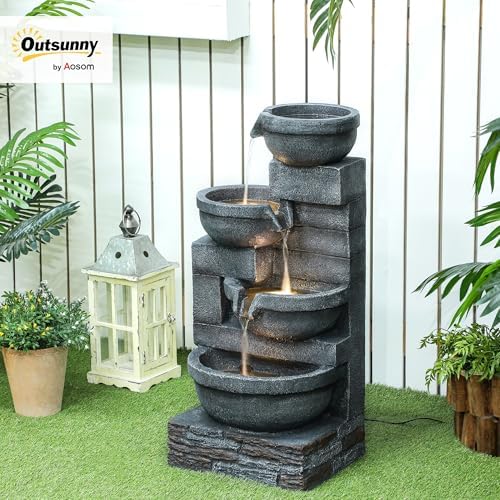 Outsunny 30 Inch Tall Outdoor Waterfall Fountain with LED Lights