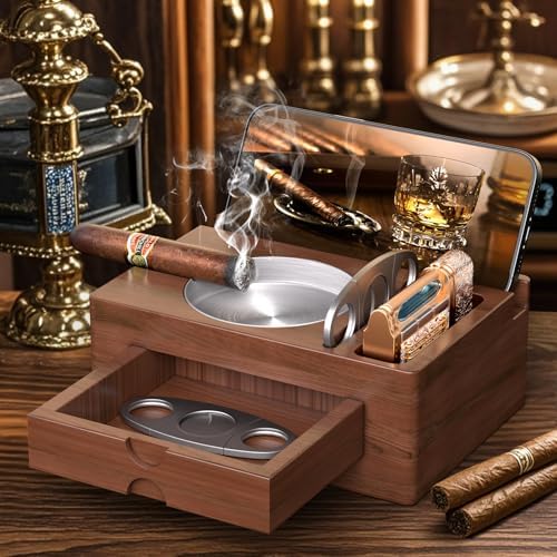 Elegant Wooden Cigar Ashtray with Lighter Slot and Accessories Drawer